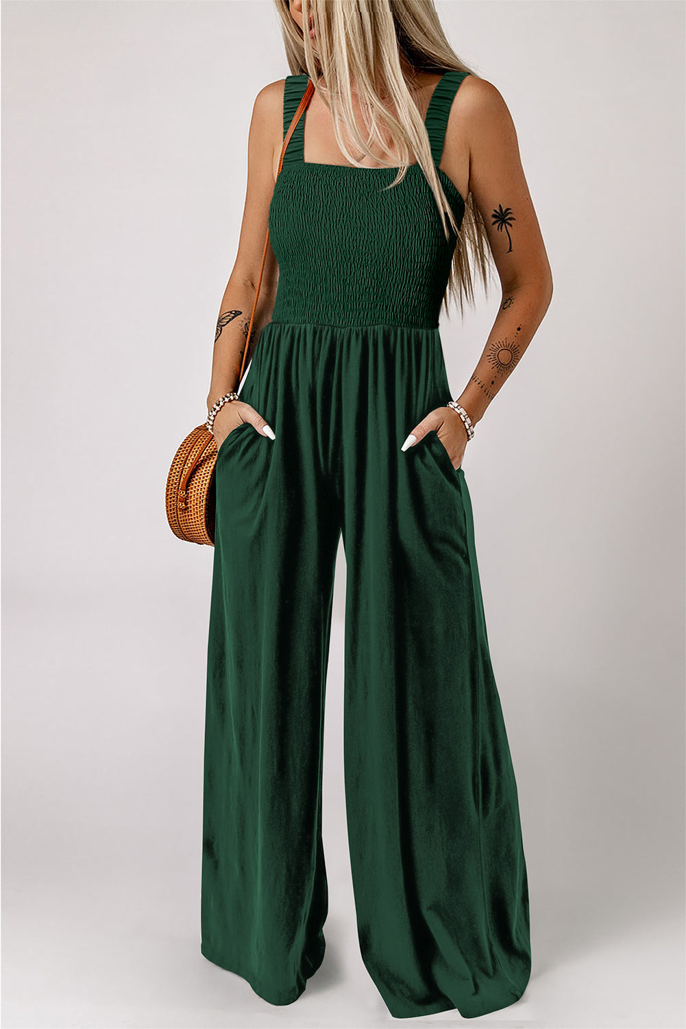 Green Smocked Sleeveless Wide Leg Jumpsuit with Pockets - Premium Bottoms/Jumpsuits & Rompers from Ashes 2 Wildflowers Boutique, LLC- Just $25.50! Shop now at Ashes 2 Wildflowers Boutique, LLC