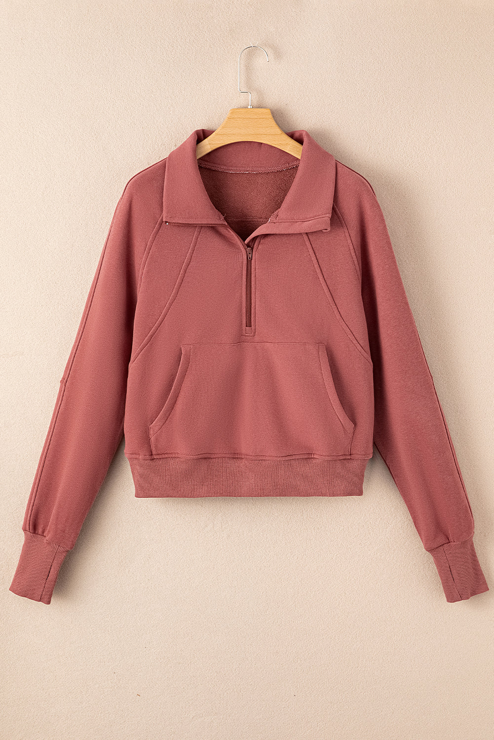 Brown Zip Up Stand Collar Ribbed Thumbhole Sleeve Sweatshirt - Premium Tops from Momma Done Gone Crafty- Just $45.99! Shop now at Momma Done Gone Crafty