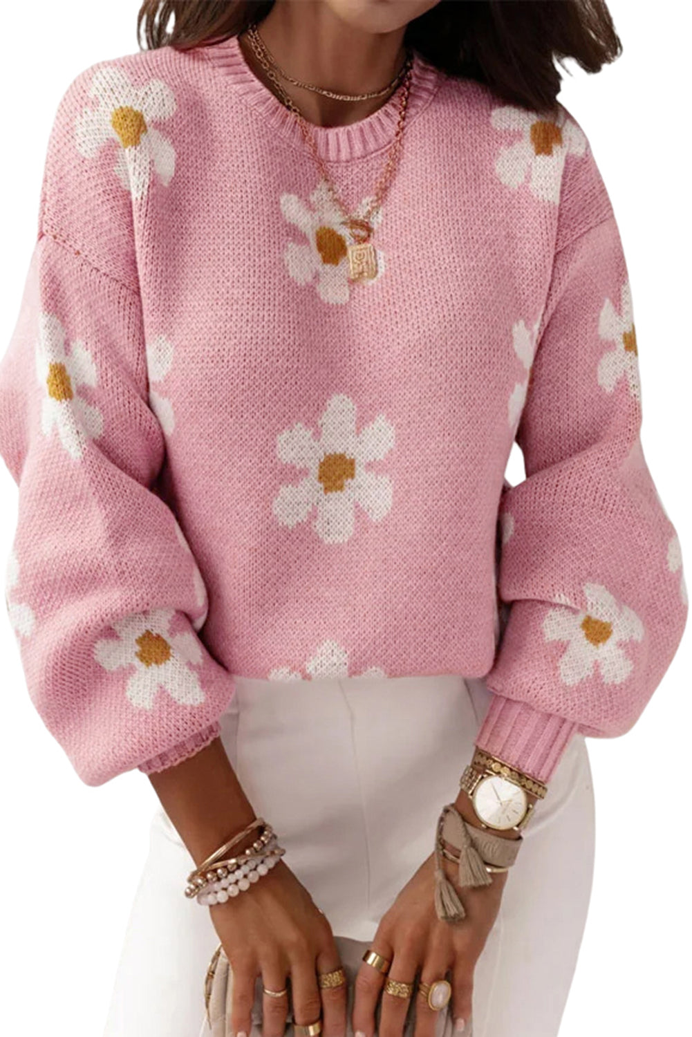 Pink Floral Pattern Drop Shoulder Sweater - Premium Tops from Momma Done Gone Crafty- Just $54.80! Shop now at Momma Done Gone Crafty