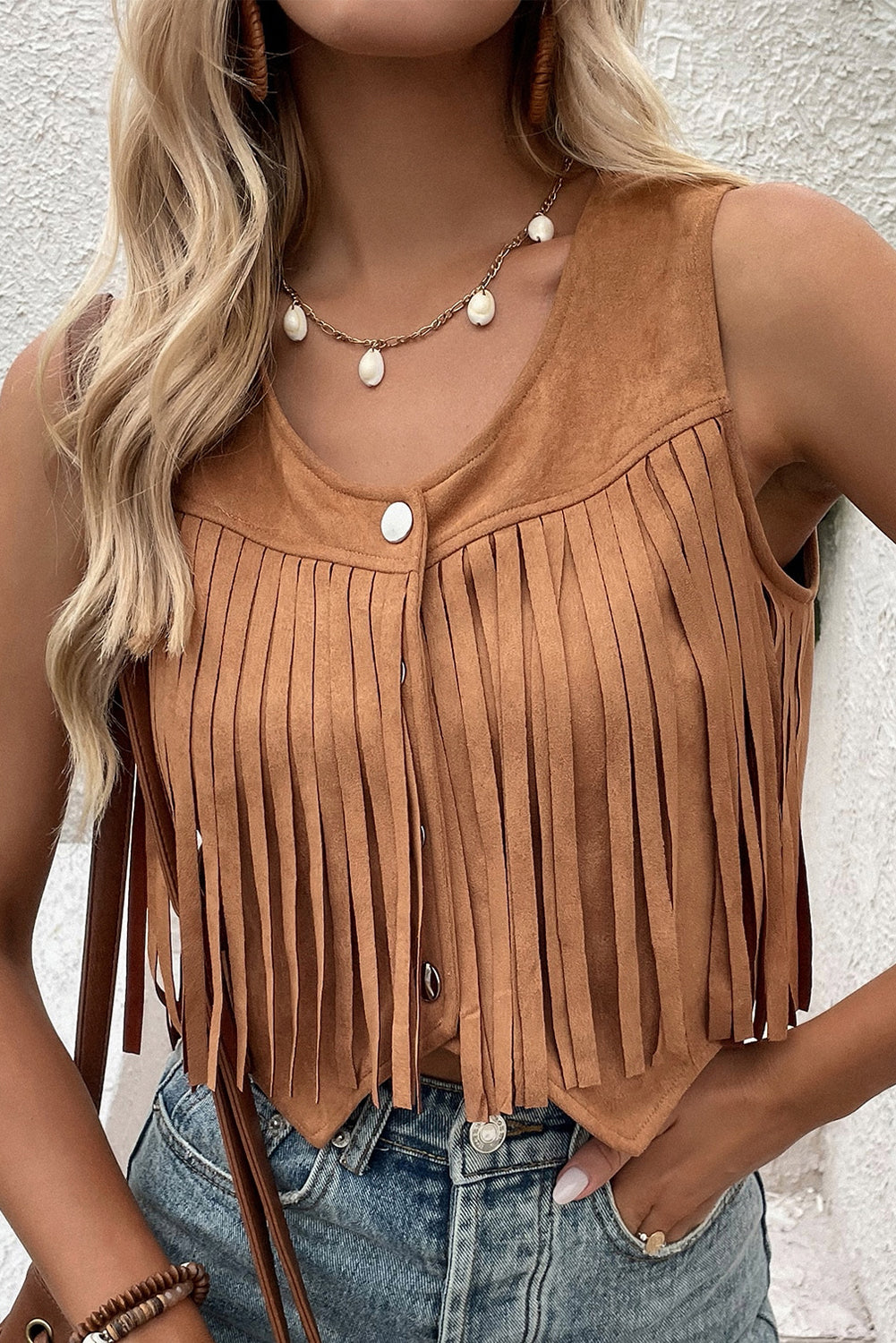 Camel Fringed Snap Button Front Suedette Vest - Premium Outerwear/Jackets from Momma Done Gone Crafty- Just $18.84! Shop now at Momma Done Gone Crafty