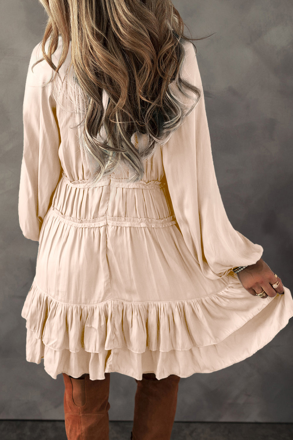 Apricot Tiered Ruffled Puff Sleeve Loose Fit Mini Dress - Premium Dresses/Mini Dresses from Momma Done Gone Crafty- Just $68.99! Shop now at Momma Done Gone Crafty