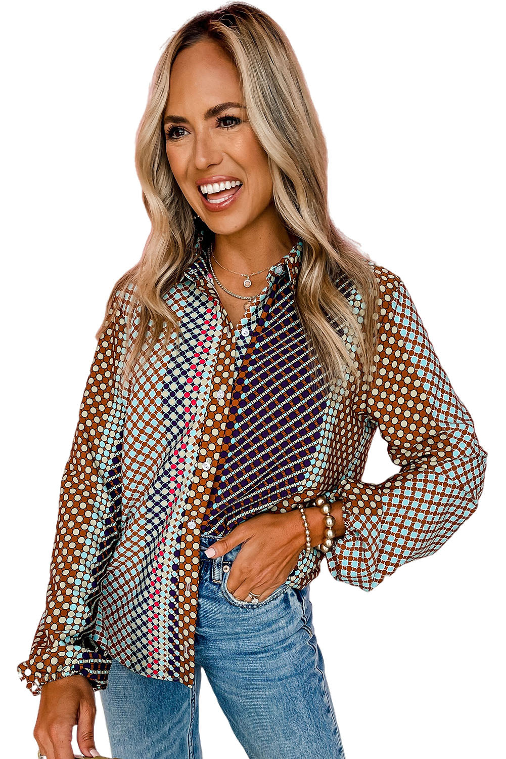 Brown Dot Print Long Sleeve Button Down Shift Shirt - Premium Tops from Momma Done Gone Crafty- Just $22.50! Shop now at Momma Done Gone Crafty