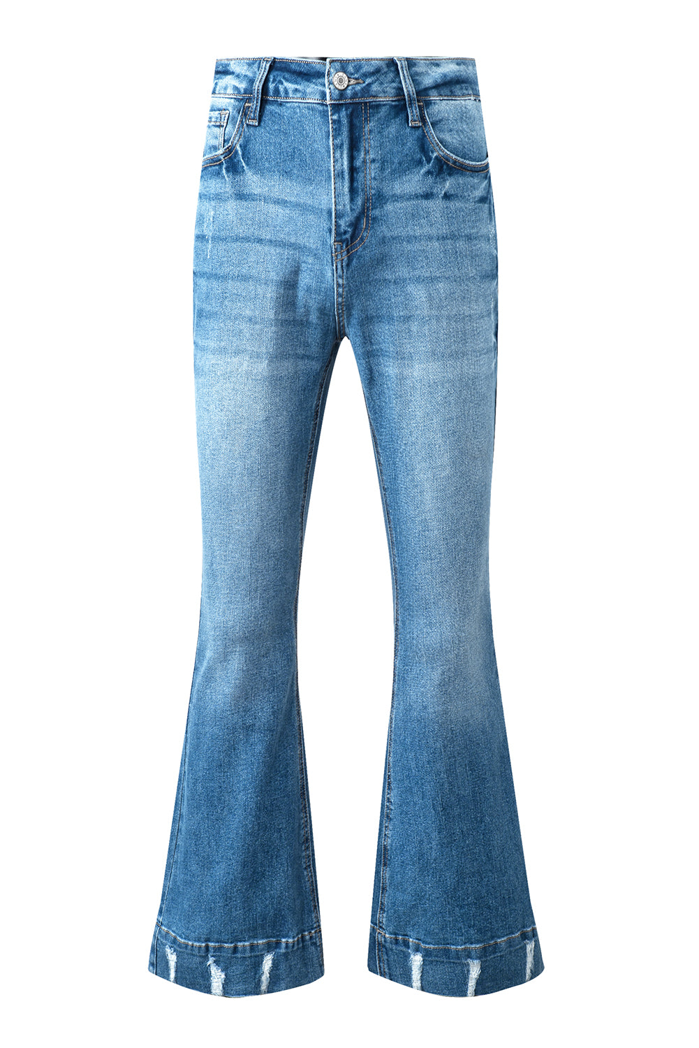 Sky Blue Slight Distressed Medium Wash Flare Jeans - Premium Bottoms from Momma Done Gone Crafty- Just $69.30! Shop now at Momma Done Gone Crafty