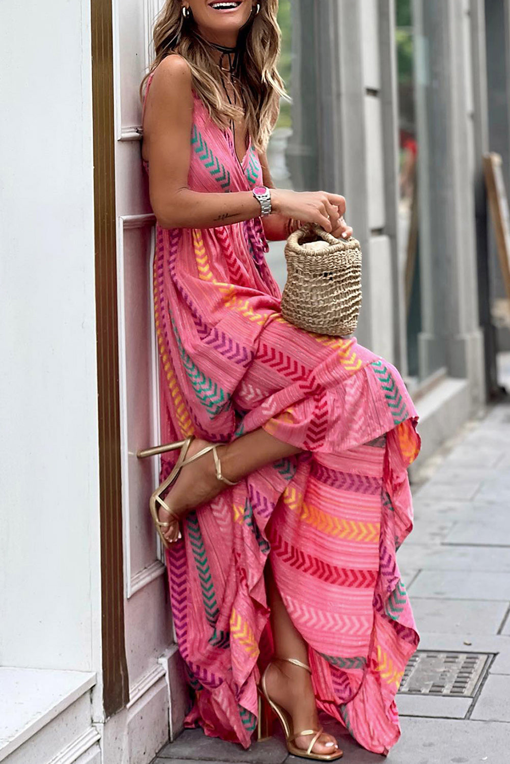 Pink Western Printed Tassel Tie V Neck Wrap Maxi Dress - Premium Dresses/Maxi Dresses from Ashes 2 Wildflowers Boutique, LLC- Just $43.92! Shop now at Ashes 2 Wildflowers Boutique, LLC