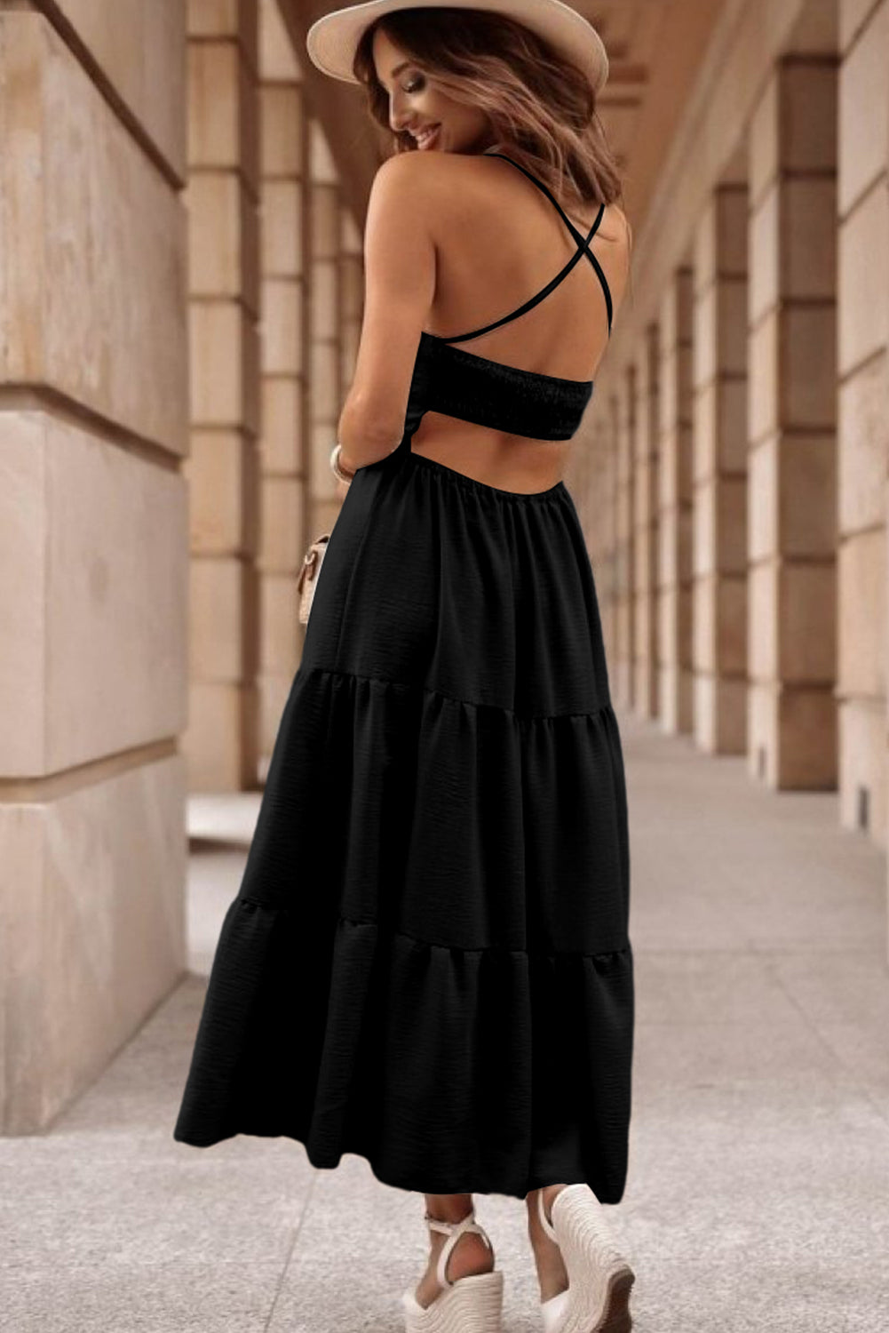 Black Crossover Backless Bodice Tiered Maxi Dress - Premium Dresses/Maxi Dresses from Momma Done Gone Crafty- Just $30.90! Shop now at Momma Done Gone Crafty