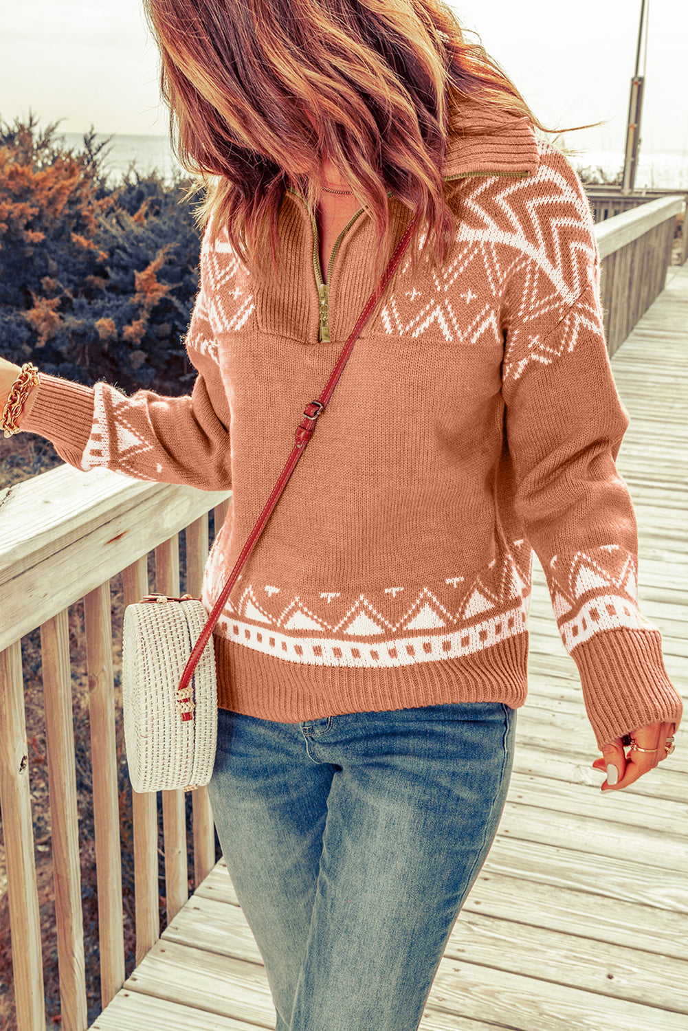 Pink Geometry Knit Quarter Zip Sweater - Premium Sweaters & Cardigans/Sweaters from Momma Done Gone Crafty- Just $45.99! Shop now at Momma Done Gone Crafty