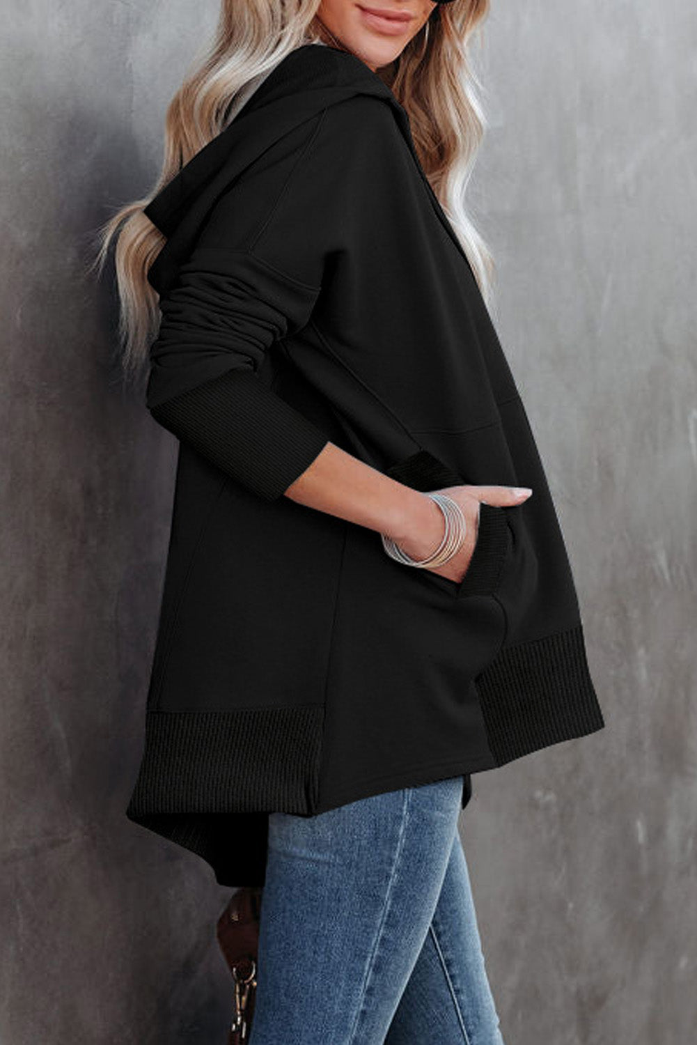 Black Batwing Sleeve Pocketed Henley Hoodie - Premium Tops from Momma Done Gone Crafty- Just $38.40! Shop now at Momma Done Gone Crafty
