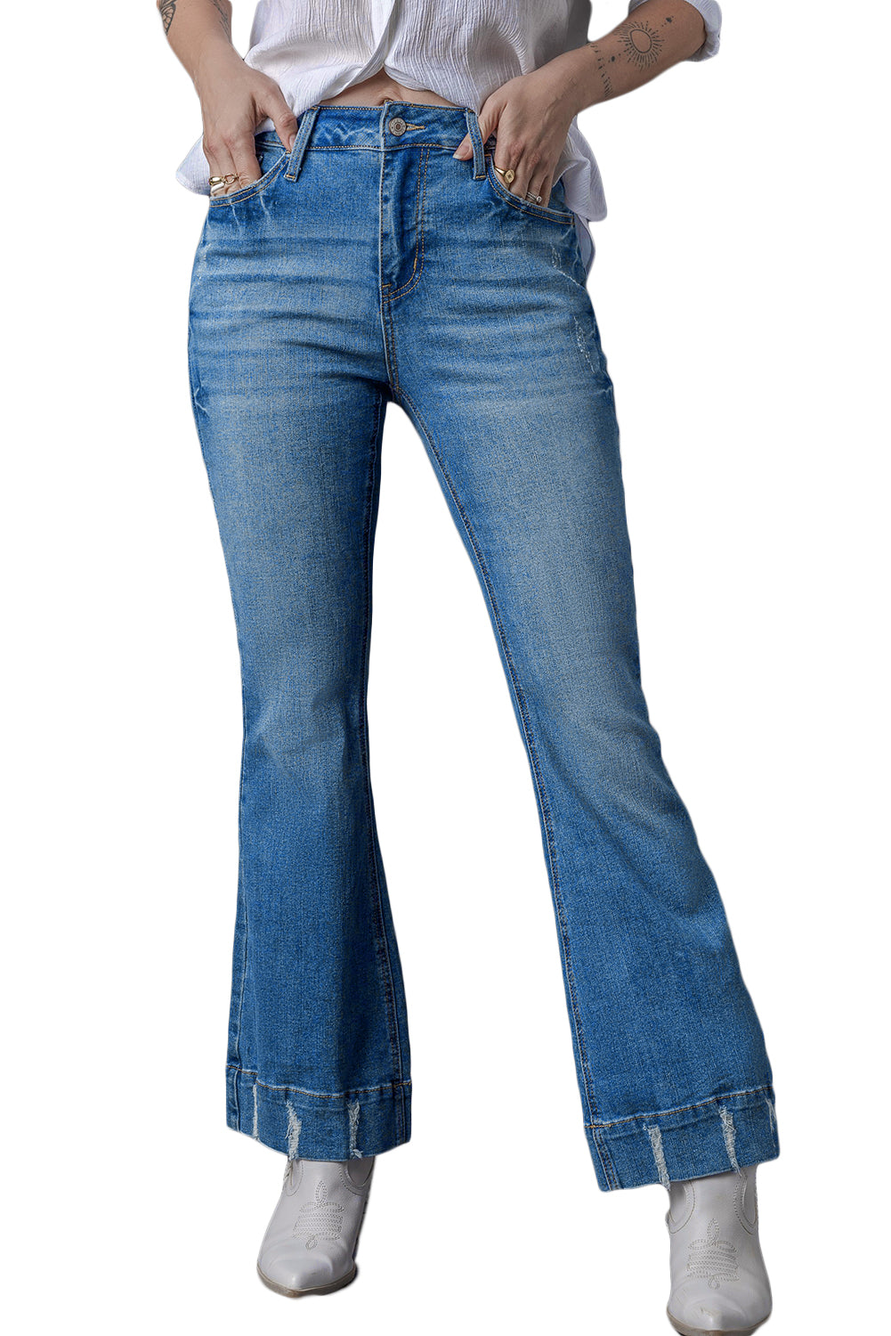 Sky Blue Slight Distressed Medium Wash Flare Jeans - Premium Bottoms from Momma Done Gone Crafty- Just $69.30! Shop now at Momma Done Gone Crafty
