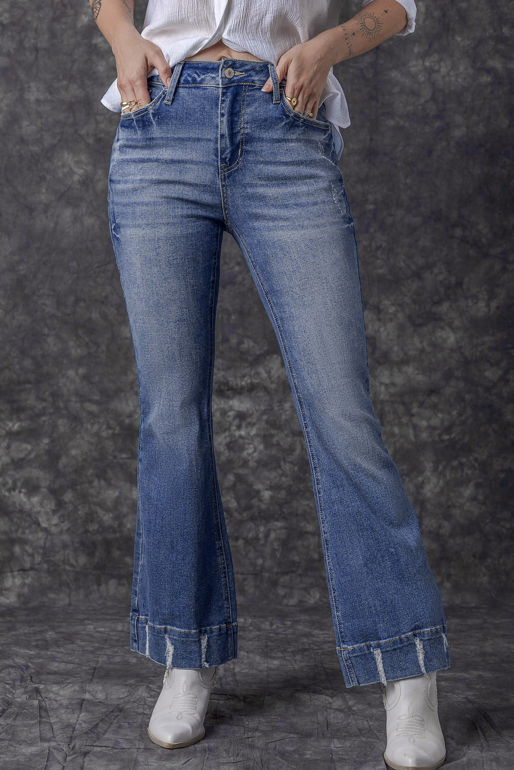 Sky Blue Slight Distressed Medium Wash Flare Jeans - Premium Bottoms from Momma Done Gone Crafty- Just $69.30! Shop now at Momma Done Gone Crafty