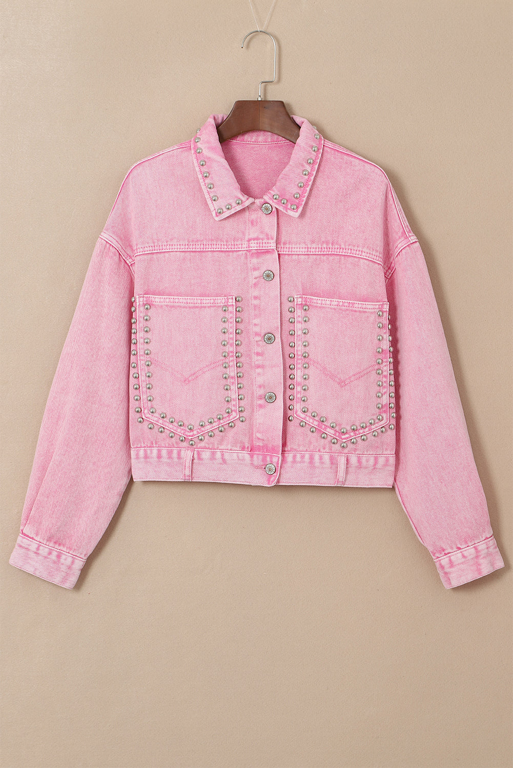 Pink Rivet Studded Pocketed Denim Jacket - Premium Outerwear from Momma Done Gone Crafty- Just $65.99! Shop now at Momma Done Gone Crafty