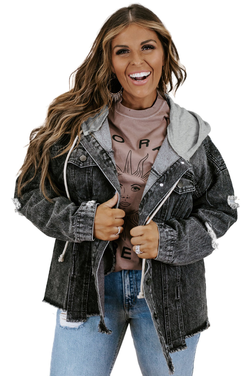 Black Drawstring Hooded Frayed Denim Jacket - Premium Outerwear from Momma Done Gone Crafty- Just $52.23! Shop now at Momma Done Gone Crafty