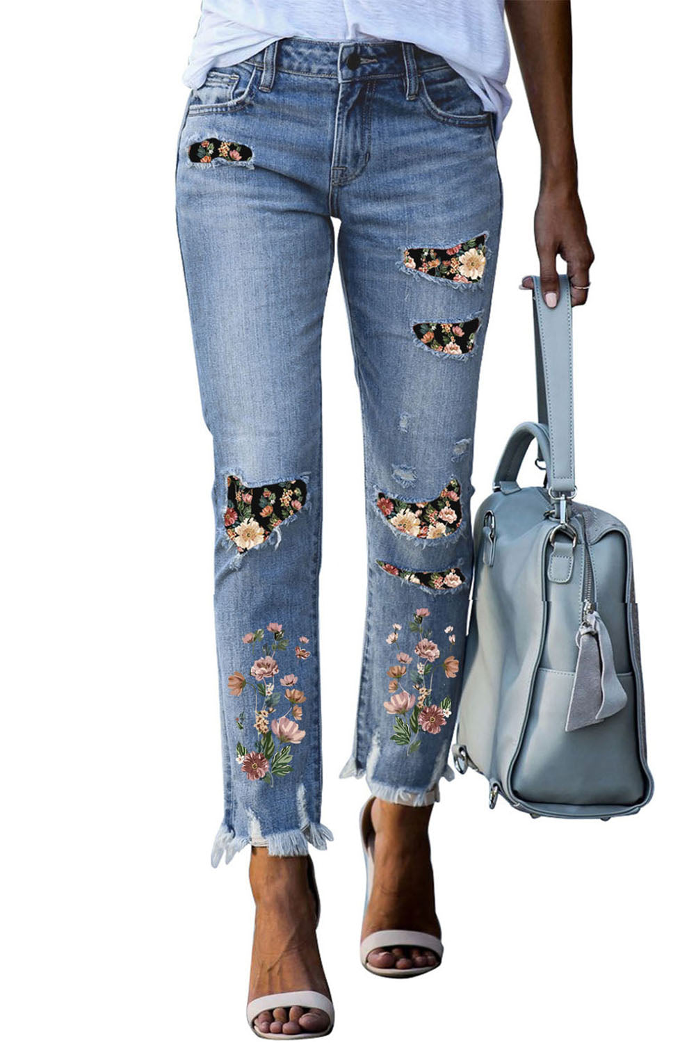 Sky Blue Printed Patch Ripped Skinny Jeans - Premium Bottoms from Momma Done Gone Crafty- Just $60.00! Shop now at Momma Done Gone Crafty