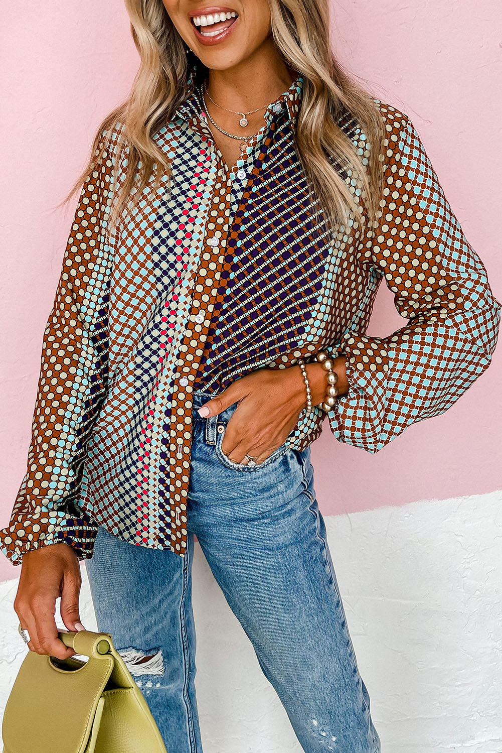 Brown Dot Print Long Sleeve Button Down Shift Shirt - Premium Tops from Momma Done Gone Crafty- Just $22.50! Shop now at Momma Done Gone Crafty