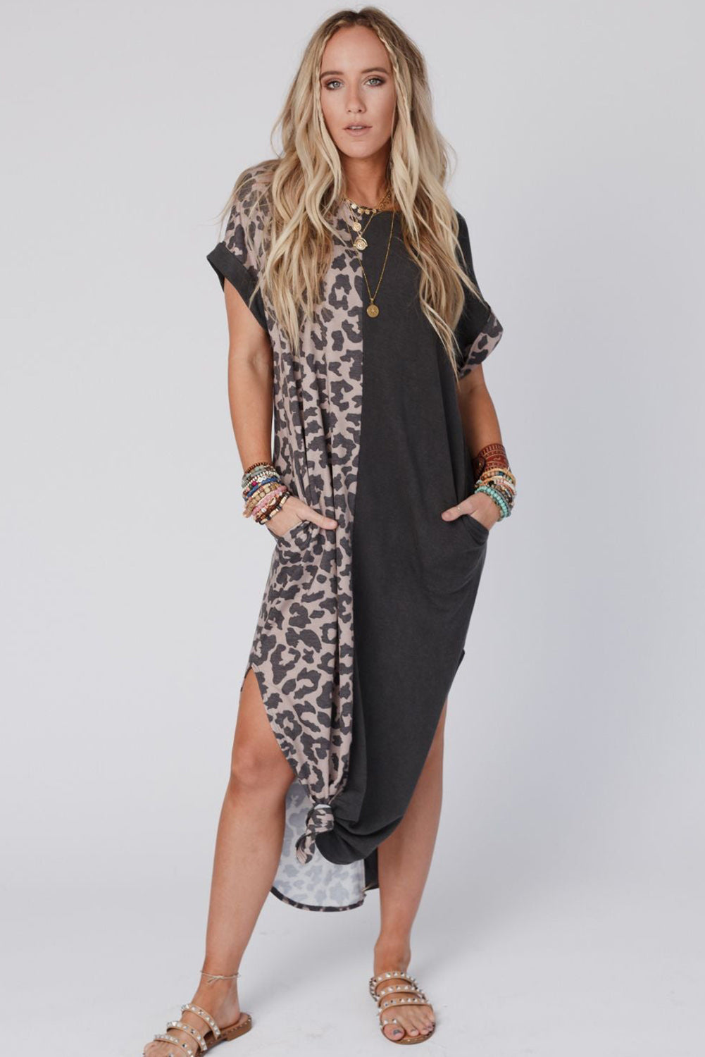 Black Contrast Solid Leopard Short Sleeve T-shirt Dress with Slits - Premium Dresses from Momma Done Gone Crafty- Just $24! Shop now at Momma Done Gone Crafty