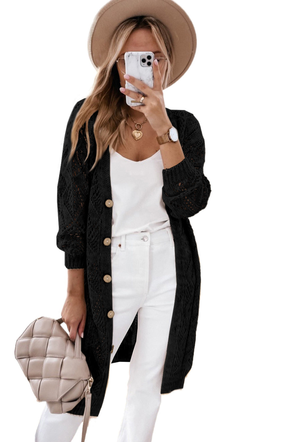 Black Hollow-out Openwork Knit Cardigan - Premium Tops from Momma Done Gone Crafty- Just $40.00! Shop now at Momma Done Gone Crafty