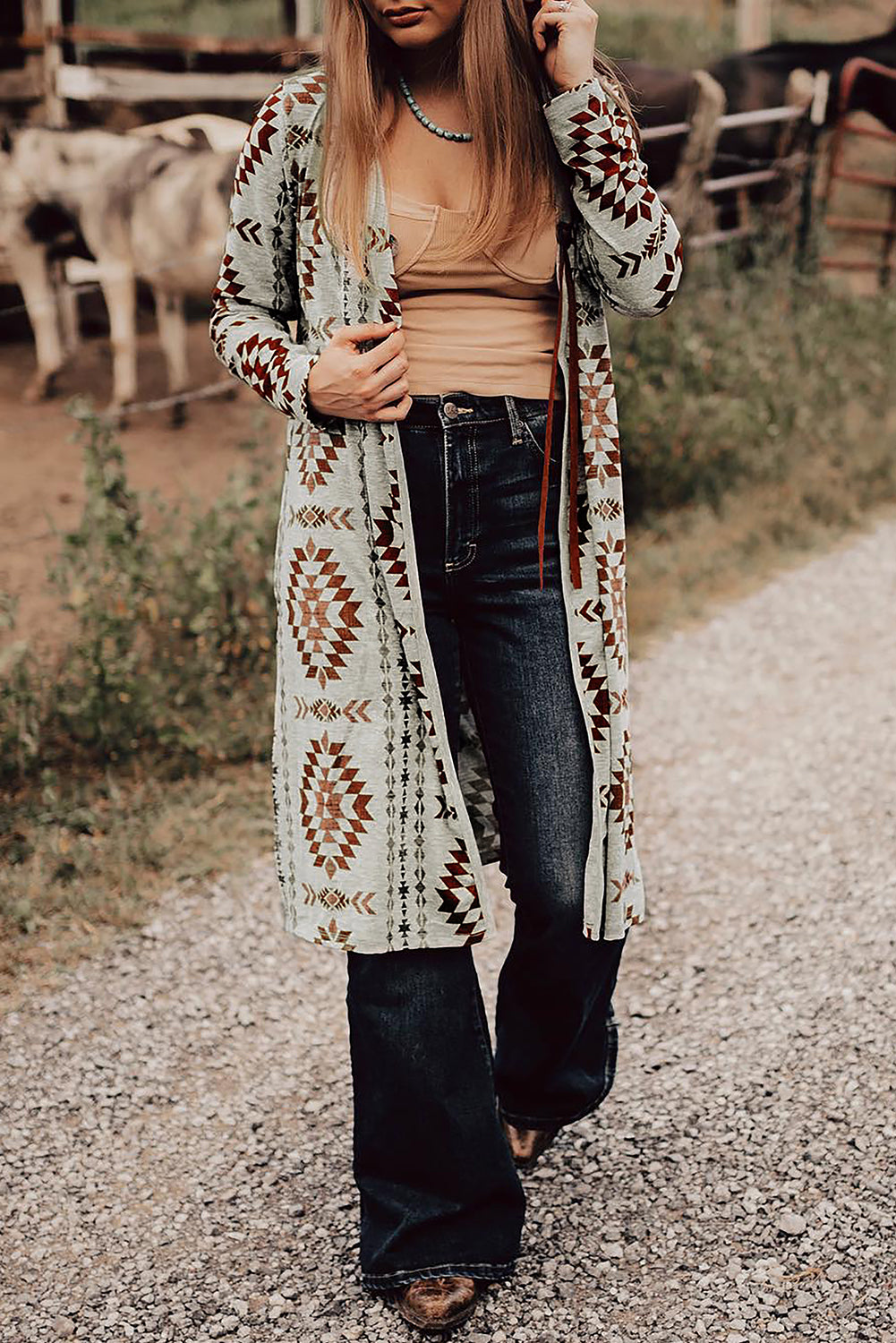 Brown Western Aztec Printed Open Front Long Cardigan - Premium Sweaters & Cardigans/Cardigans from Momma Done Gone Crafty- Just $18! Shop now at Momma Done Gone Crafty