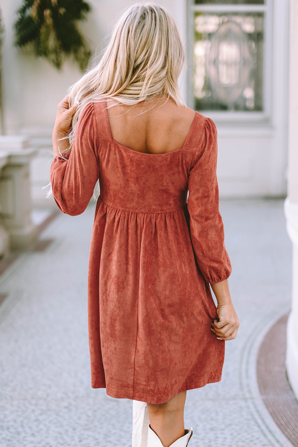 Brown Suede Square Neck Puff Sleeve Dress - Premium Dresses from Momma Done Gone Crafty- Just $44.99! Shop now at Momma Done Gone Crafty
