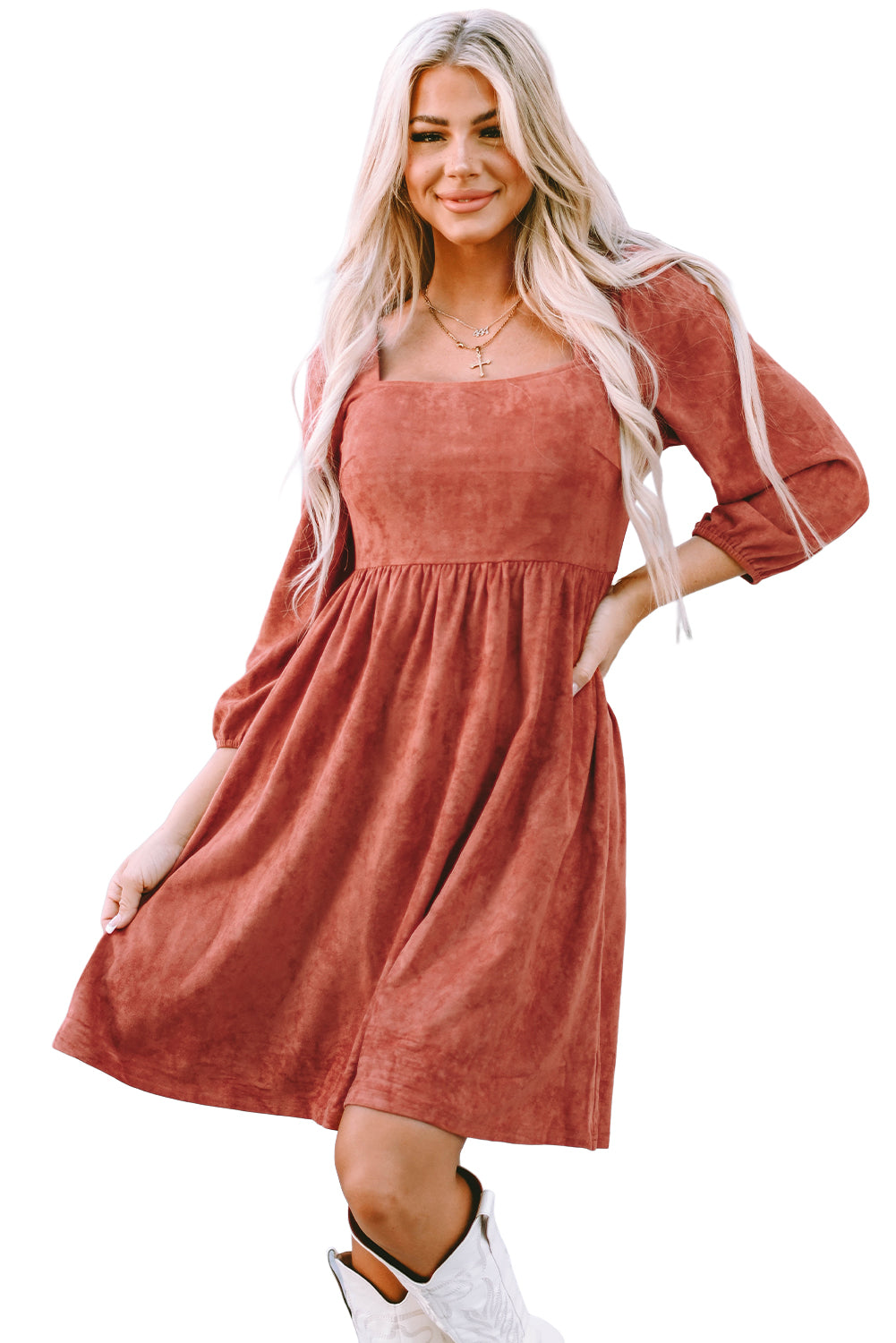 Brown Suede Square Neck Puff Sleeve Dress - Premium Dresses from Momma Done Gone Crafty- Just $44.99! Shop now at Momma Done Gone Crafty