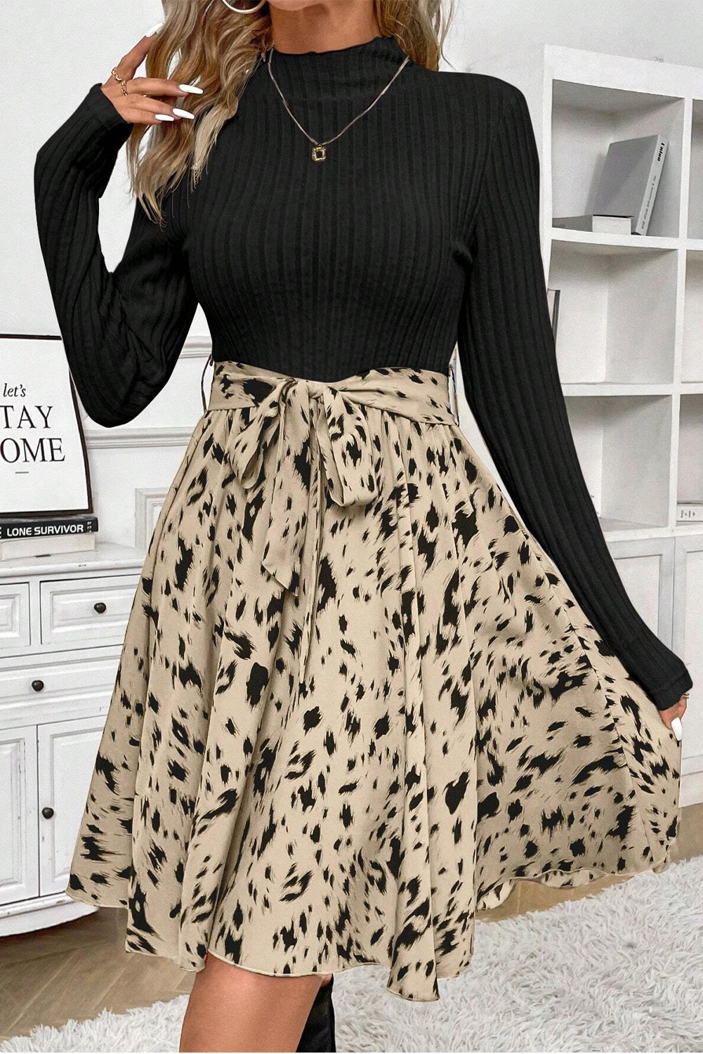 Black Ribbed Knit Patchwork Printed Belted A-line Dress - Premium Dresses/Mini Dresses from Momma Done Gone Crafty- Just $45.99! Shop now at Momma Done Gone Crafty