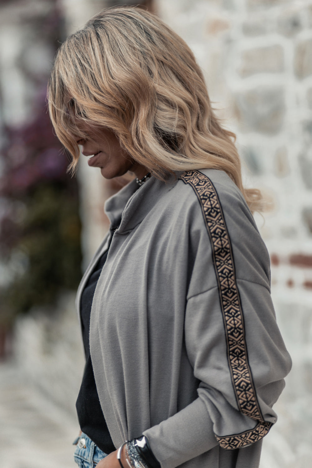 Medium Grey Aztec Accent Side Slit Open Front Long Cardigan - Premium Sweaters & Cardigans/Cardigans from Momma Done Gone Crafty- Just $33! Shop now at Momma Done Gone Crafty