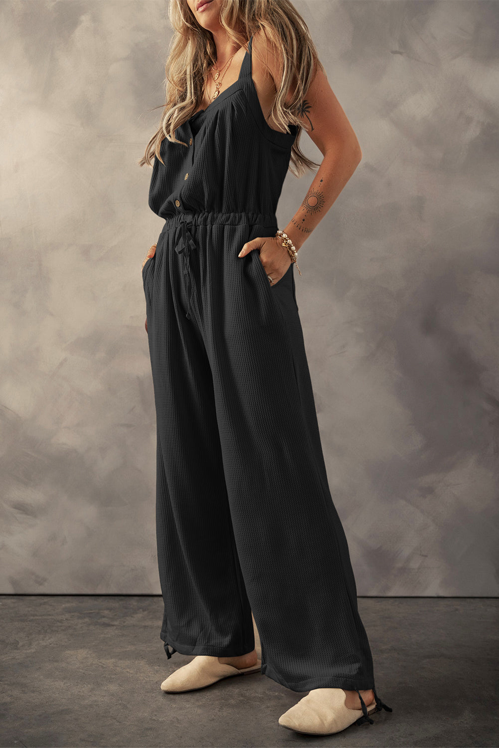 Black Knotted Straps Button Textured Drawstring Jumpsuit - Premium Bottoms/Jumpsuits & Rompers from Momma Done Gone Crafty- Just $36.93! Shop now at Momma Done Gone Crafty