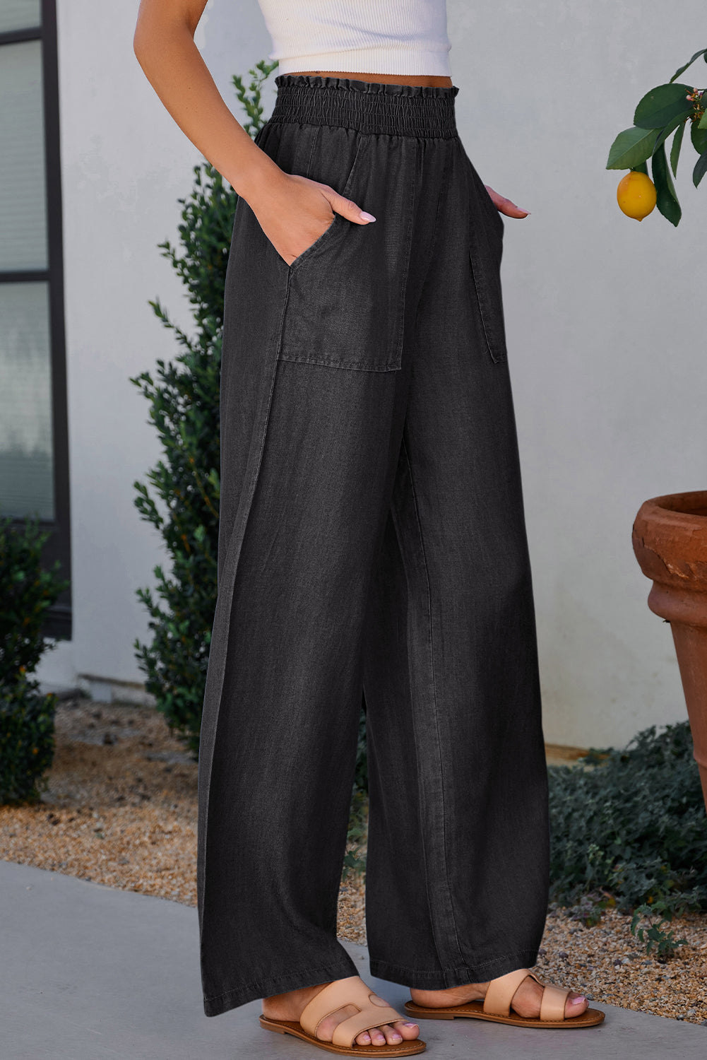 Black Side Pockets Frilled Smocked High Waist Wide Leg Jeans - Premium Bottoms/Jeans from Momma Done Gone Crafty- Just $49.99! Shop now at Momma Done Gone Crafty
