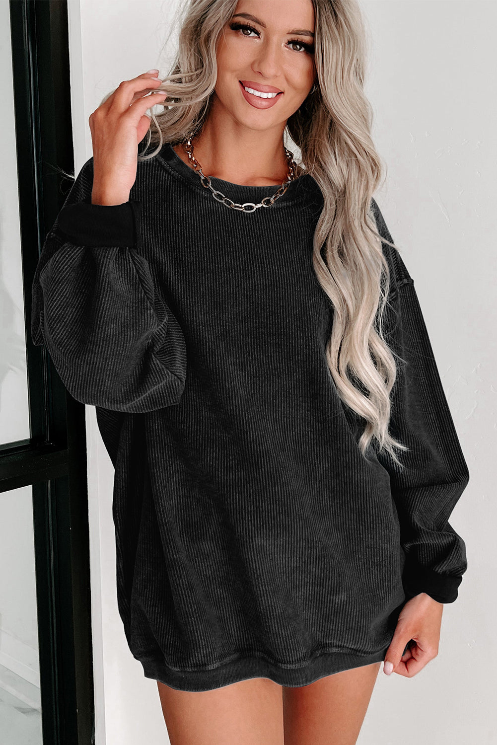Black Solid Ribbed Knit Round Neck Pullover Sweatshirt - Premium Tops from Momma Done Gone Crafty- Just $41.94! Shop now at Momma Done Gone Crafty