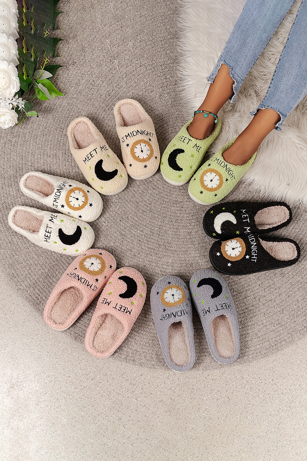 Light Pink Moon & Clock Pattern Fuzzy Home Slippers - Premium Shoes & Bags/Slippers from Momma Done Gone Crafty- Just $16.99! Shop now at Momma Done Gone Crafty