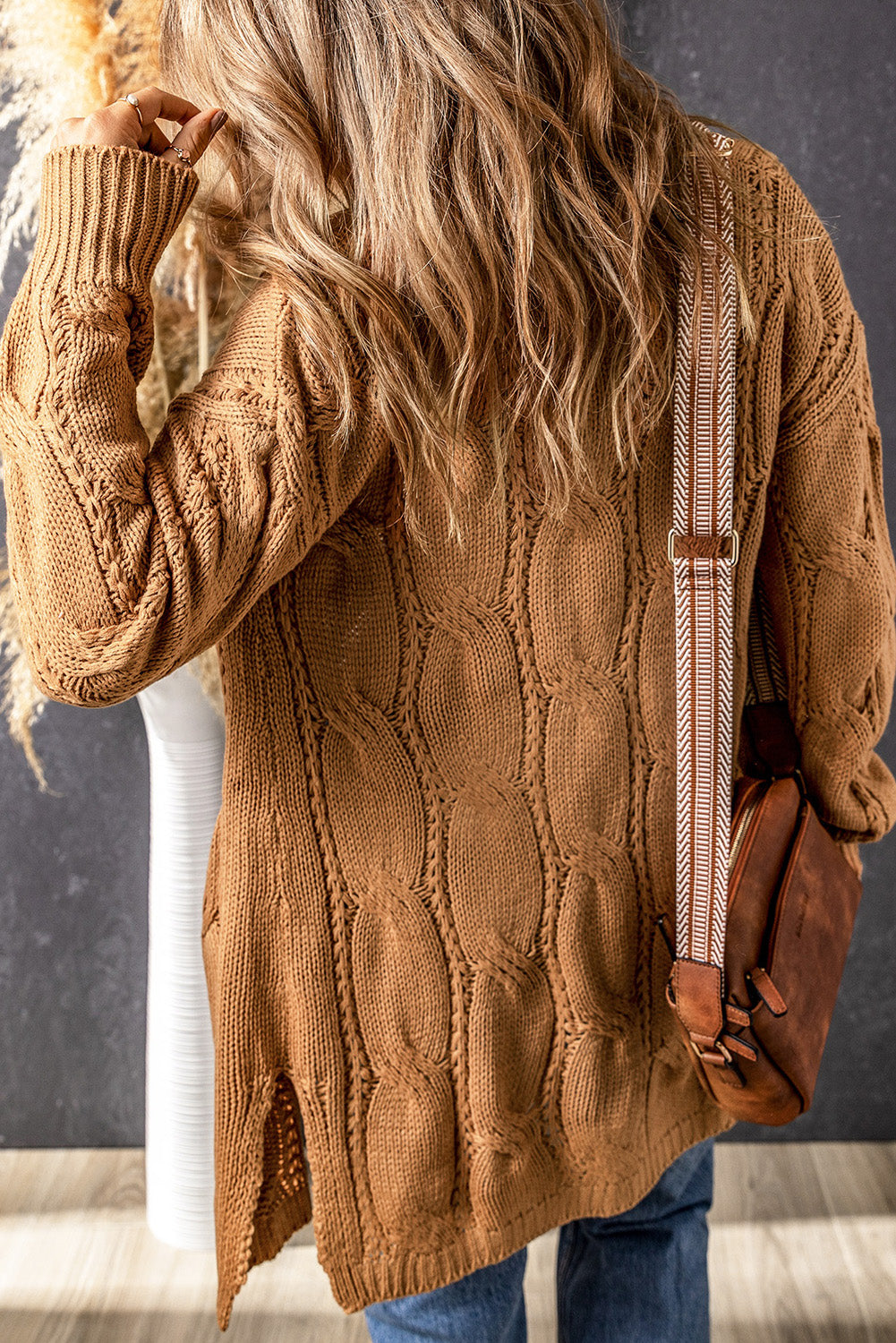 Khaki Ribbed Trim Eyelet Cable Knit Cardigan - Premium Tops from Momma Done Gone Crafty- Just $41.70! Shop now at Momma Done Gone Crafty