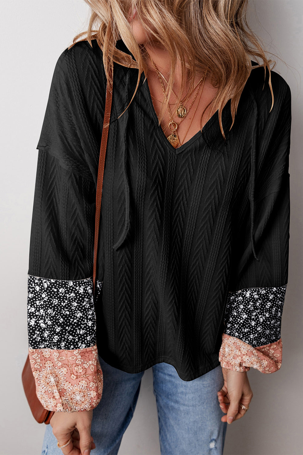 Black Floral Patchwork Textured Knit Drawstring V Neck Blouse - Premium Tops/Blouses & Shirts from Ashes 2 Wildflowers Boutique, LLC- Just $18.55! Shop now at Ashes 2 Wildflowers Boutique, LLC