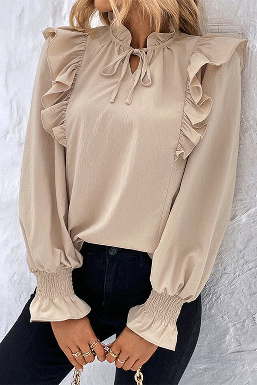 Khaki Ruffled Lace up Bubble Sleeve Blouse - Premium Tops from Momma Done Gone Crafty- Just $45.18! Shop now at Momma Done Gone Crafty