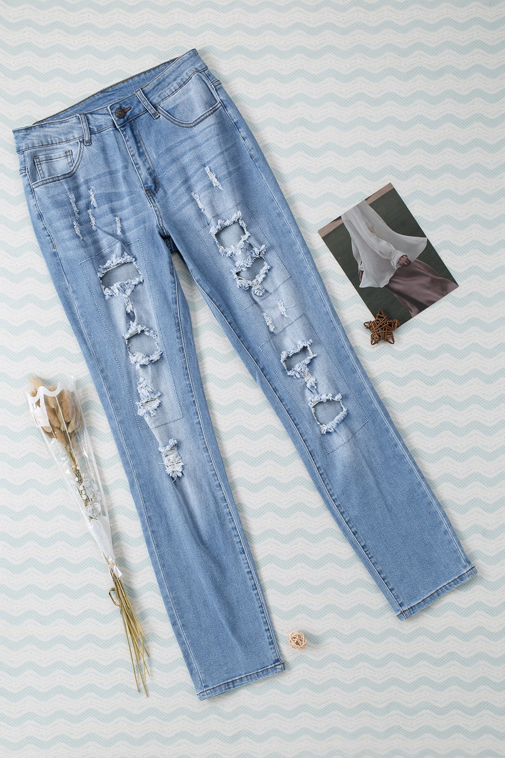 Sky Blue Buttoned Pockets Distressed Jeans - Premium Bottoms from Momma Done Gone Crafty- Just $38.99! Shop now at Momma Done Gone Crafty