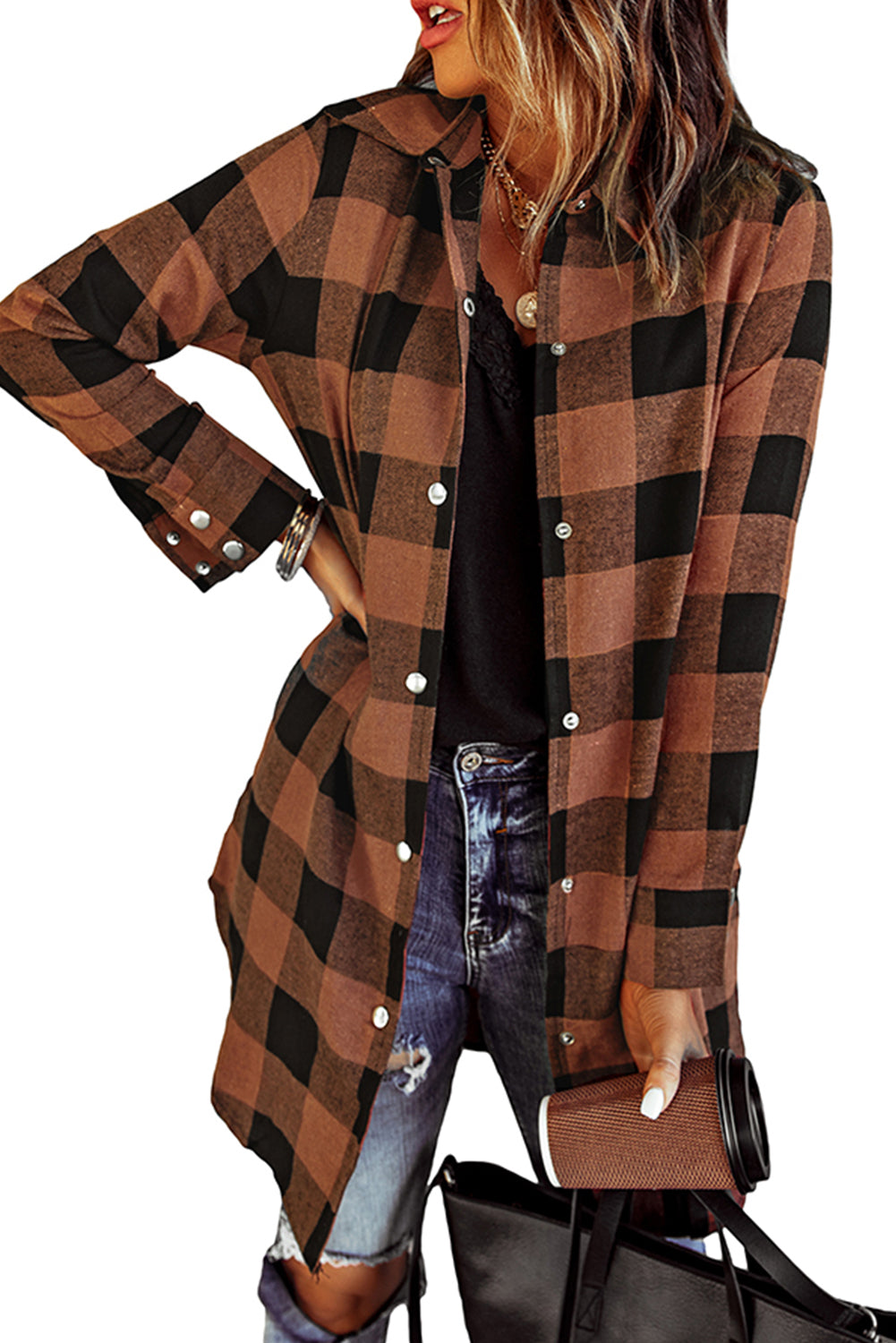 Brown Turn-down Collar Plaid Shirt Coat - Premium Outerwear from Momma Done Gone Crafty- Just $54.60! Shop now at Momma Done Gone Crafty