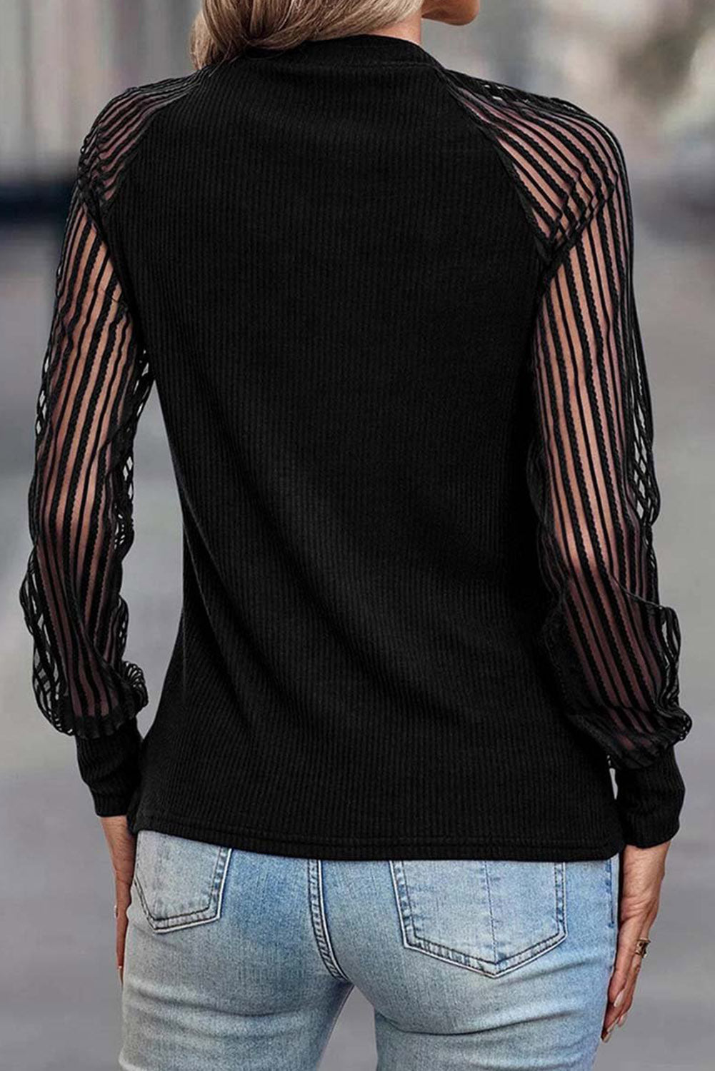 Black Striped Mesh Long Sleeve Crewneck Ribbed Top - Premium Tops from Momma Done Gone Crafty- Just $18.99! Shop now at Momma Done Gone Crafty