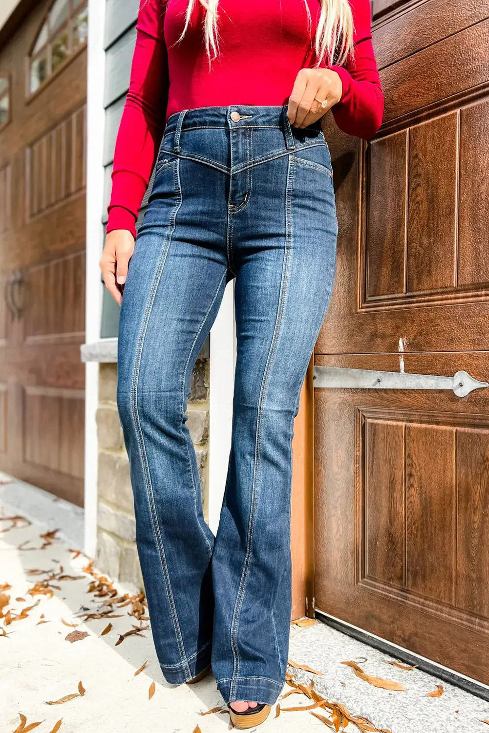 Blue High Waist Seam Stitching Pocket Flare Jeans - Premium Bottoms from Momma Done Gone Crafty- Just $60! Shop now at Momma Done Gone Crafty