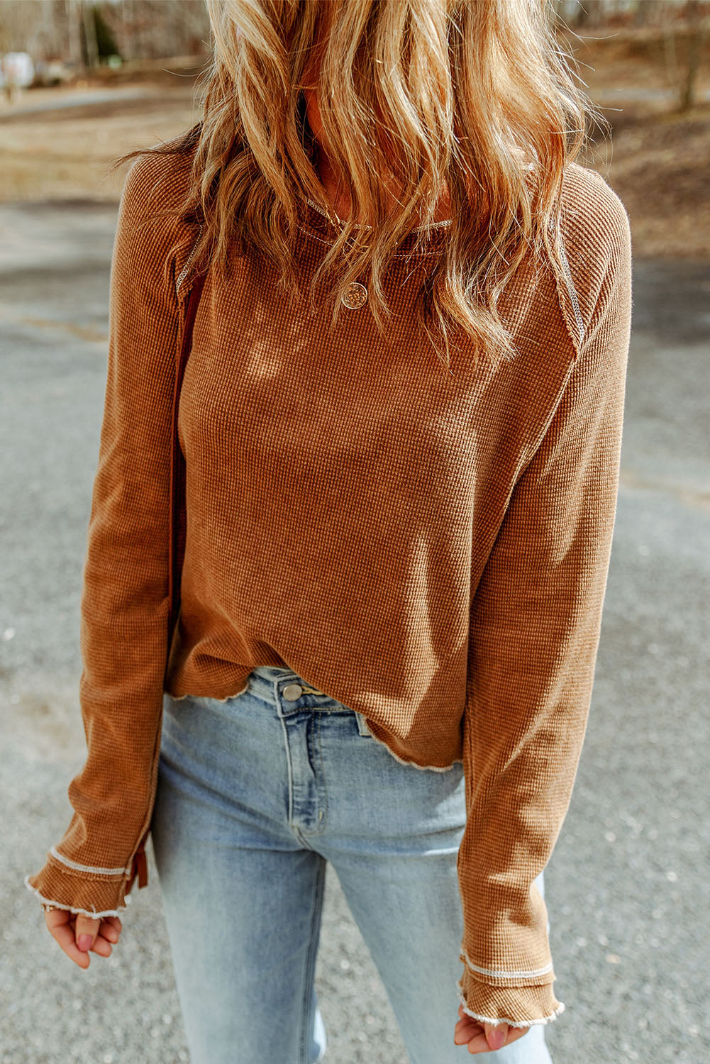 Brown Textured Round Neck Long Sleeve Top - Premium Tops from Momma Done Gone Crafty- Just $23! Shop now at Momma Done Gone Crafty