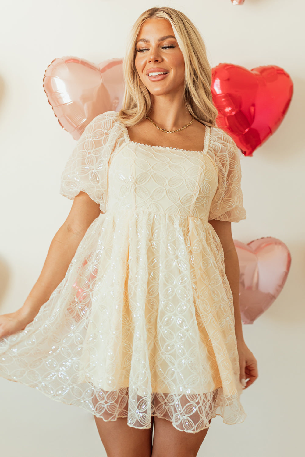 Apricot Sequined Lace Mesh Bubble Sleeve Square Neck Dress - Premium Dresses/Mini Dresses from Momma Done Gone Crafty- Just $69.99! Shop now at Momma Done Gone Crafty