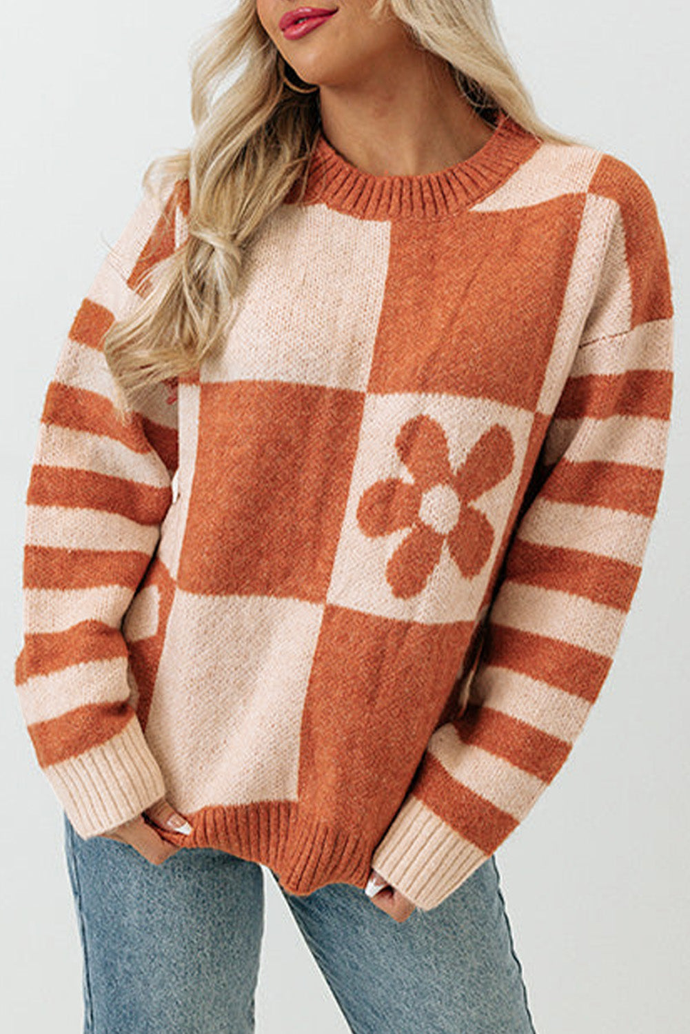 Brown Checkered Floral Print Striped Sleeve Sweater - Premium Tops from Momma Done Gone Crafty- Just $31.50! Shop now at Momma Done Gone Crafty
