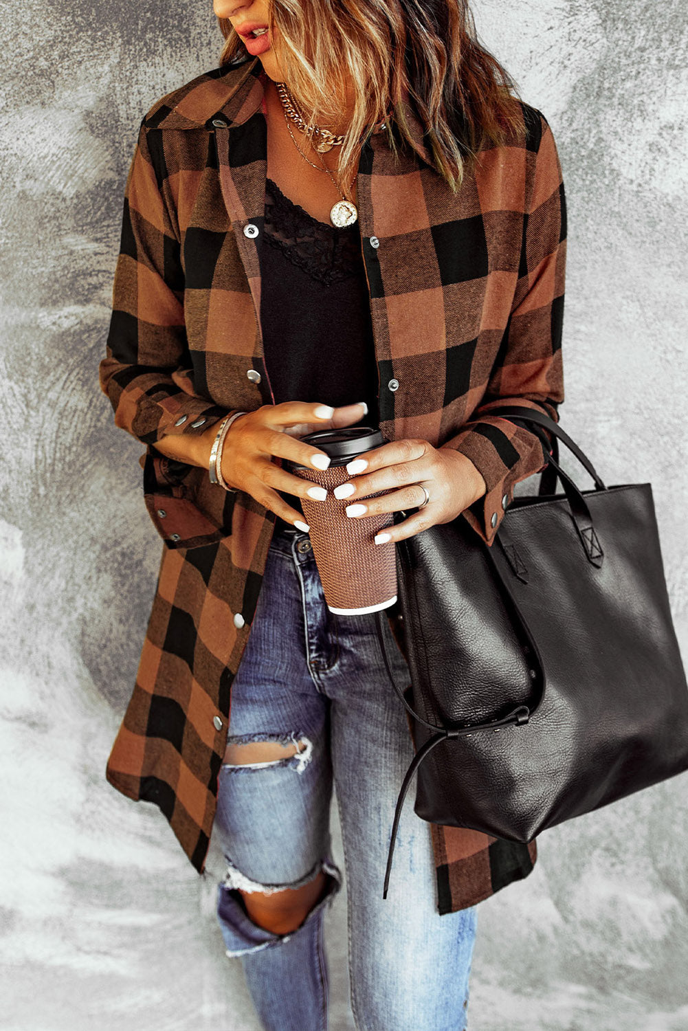 Brown Turn-down Collar Plaid Shirt Coat - Premium Outerwear from Momma Done Gone Crafty- Just $54.60! Shop now at Momma Done Gone Crafty