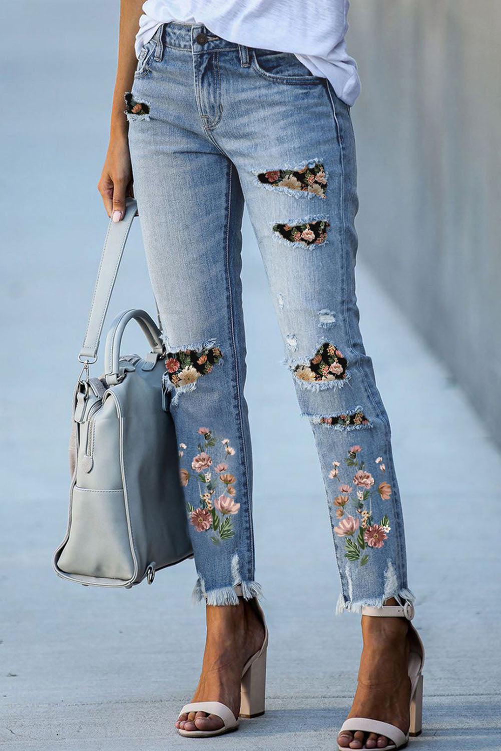 Sky Blue Printed Patch Ripped Skinny Jeans - Premium Bottoms from Momma Done Gone Crafty- Just $60.00! Shop now at Momma Done Gone Crafty