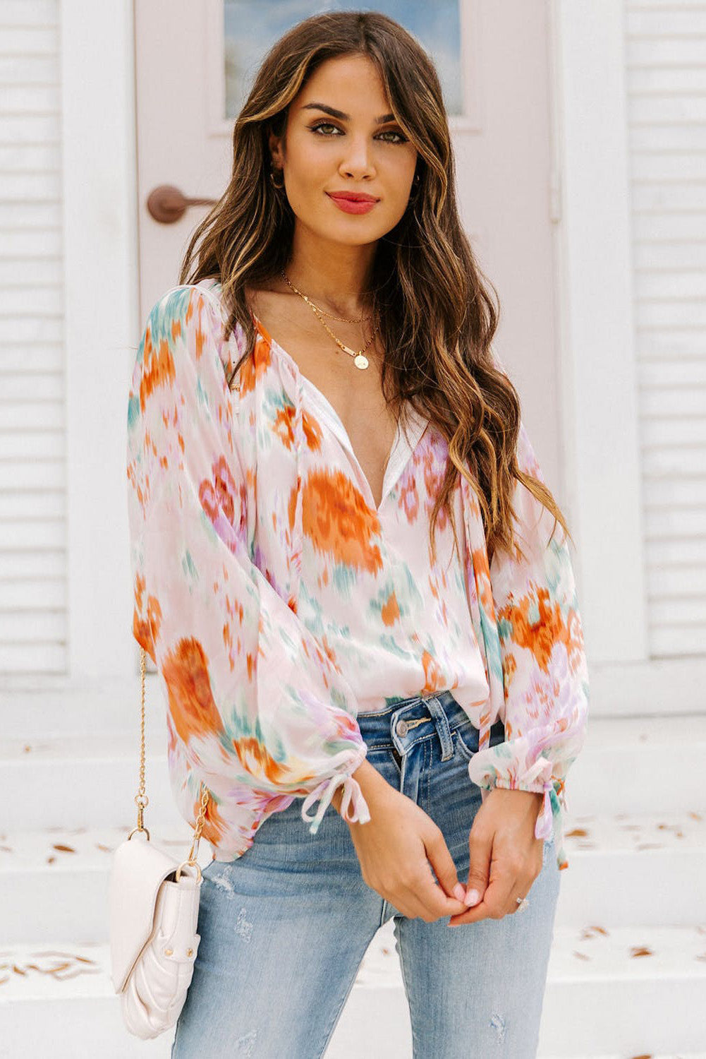 Multicolor Abstract Print Split Neck Puff Sleeve Blouse - Premium Tops from Momma Done Gone Crafty- Just $33.30! Shop now at Momma Done Gone Crafty