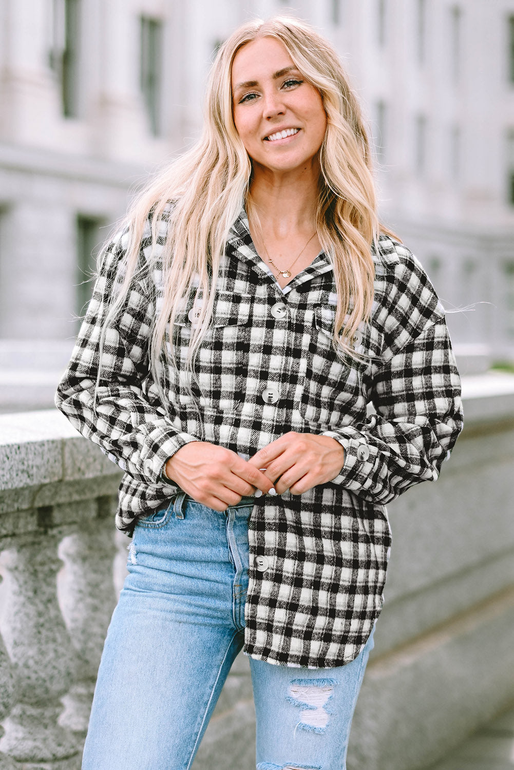 Black Plaid Print Chest Pockets Buttoned Tunic Shacket - Premium Outerwear from Momma Done Gone Crafty- Just $40! Shop now at Momma Done Gone Crafty