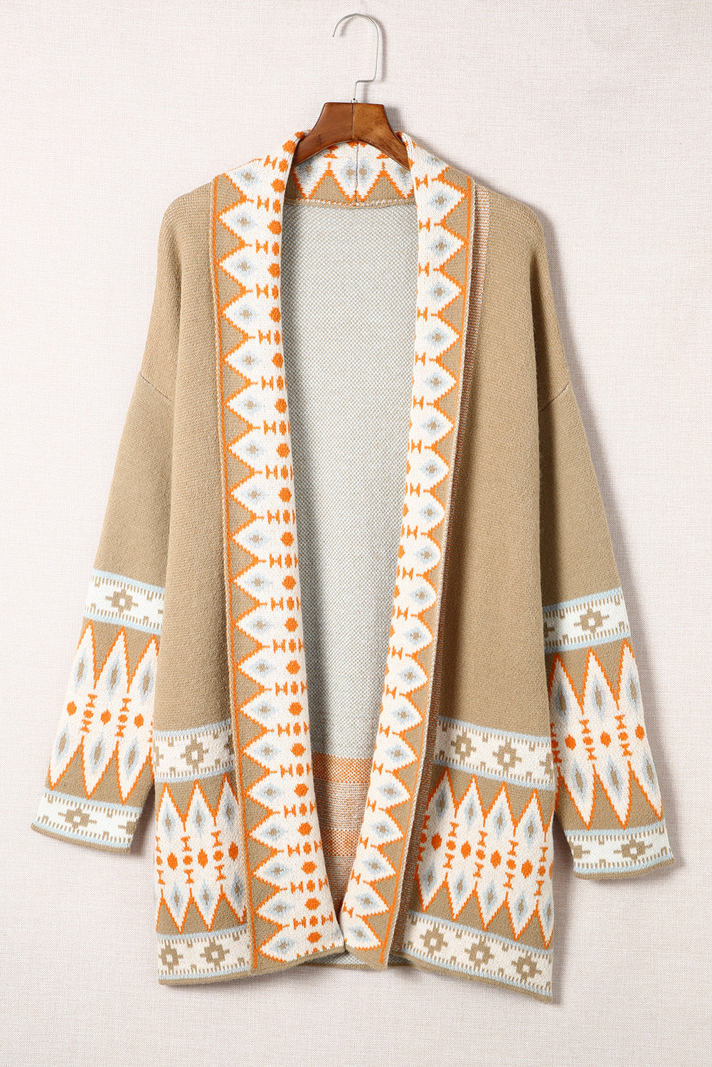 Khaki Aztec Print Open Front Knitted Cardigan - Premium Sweaters & Cardigans/Cardigans from Ashes 2 Wildflowers Boutique, LLC- Just $40.97! Shop now at Ashes 2 Wildflowers Boutique, LLC