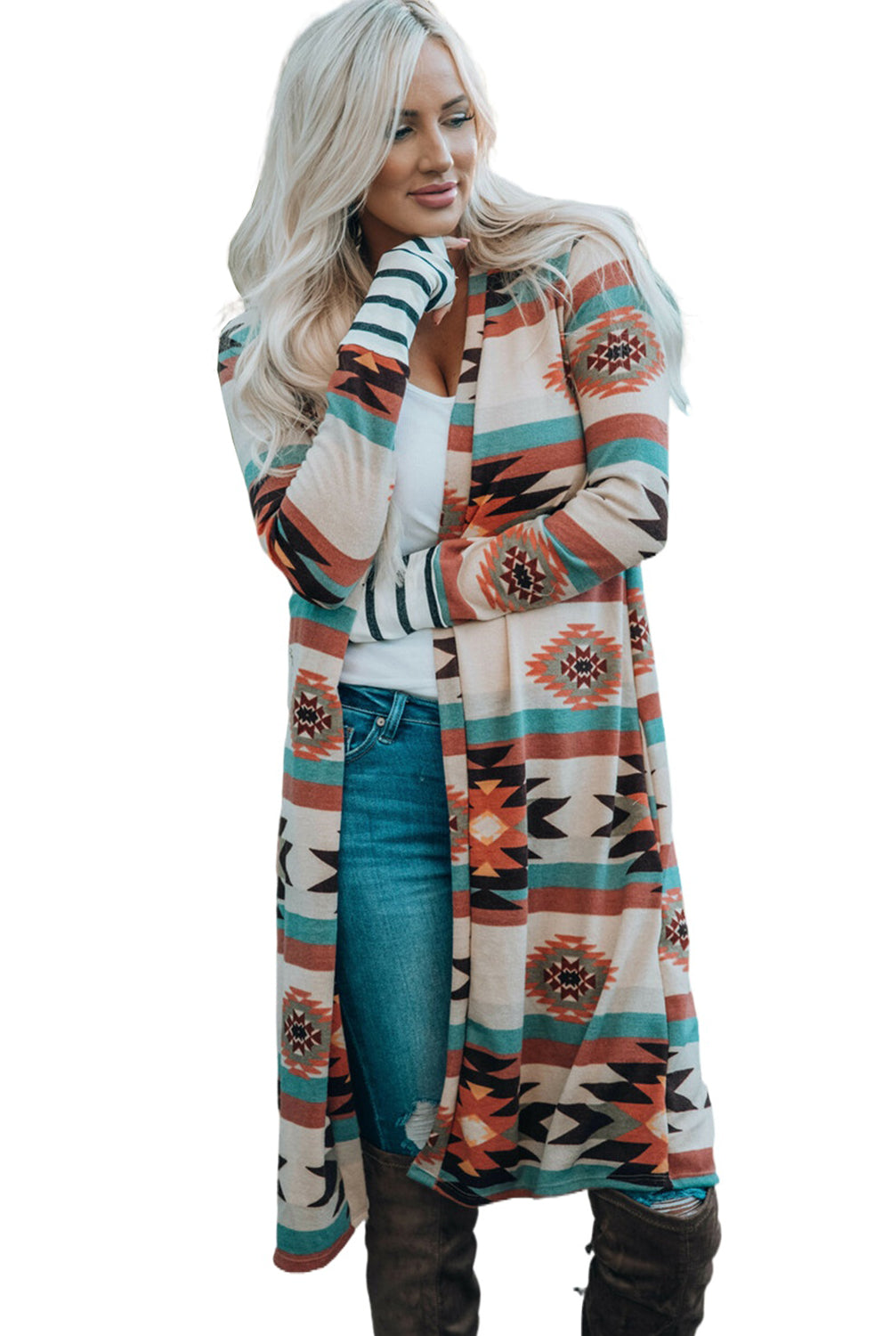 Multicolor Geometric Color Block Open Front Long Cardigan - Premium Tops from Momma Done Gone Crafty- Just $32.94! Shop now at Momma Done Gone Crafty