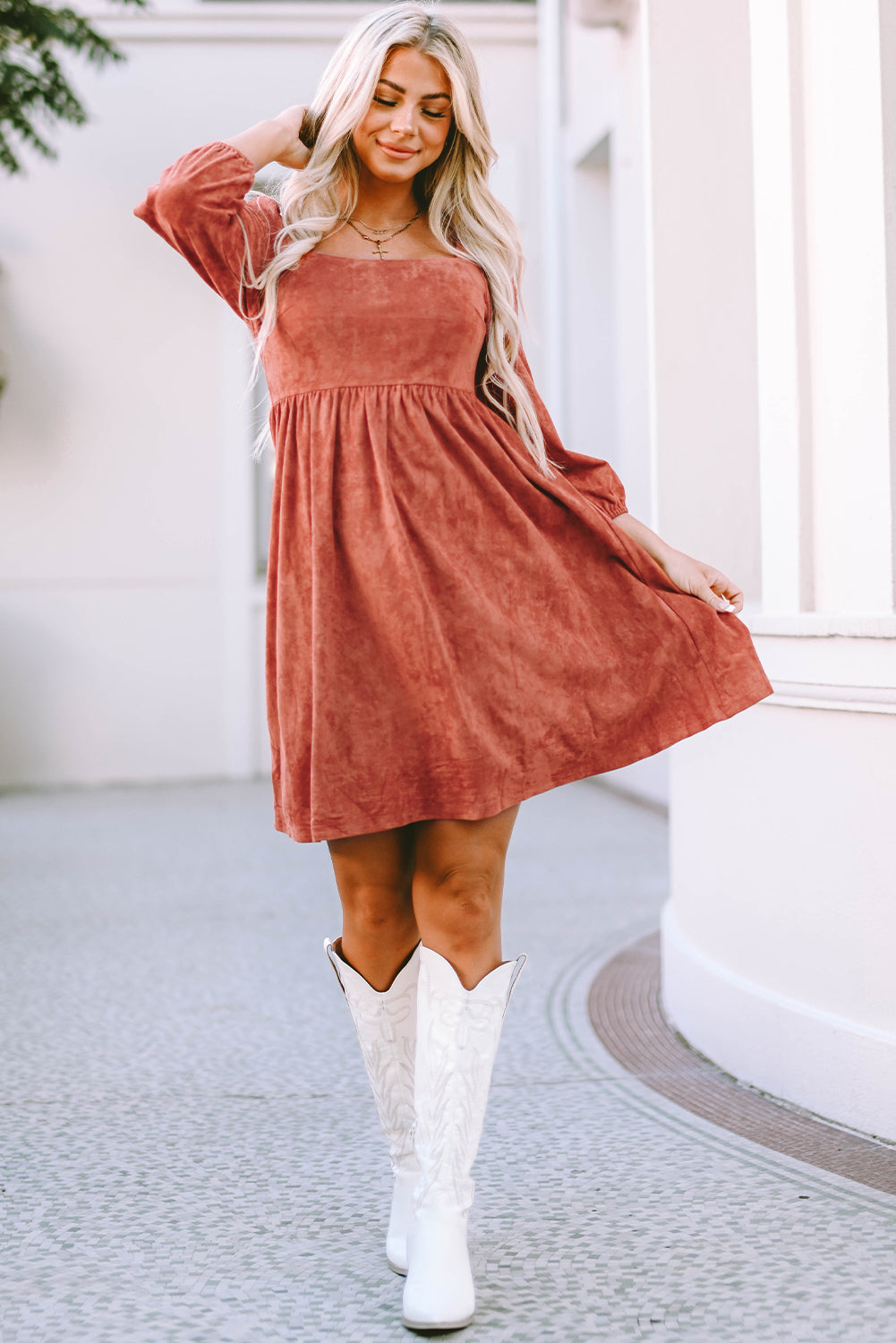 Brown Suede Square Neck Puff Sleeve Dress - Premium Dresses from Momma Done Gone Crafty- Just $44.99! Shop now at Momma Done Gone Crafty
