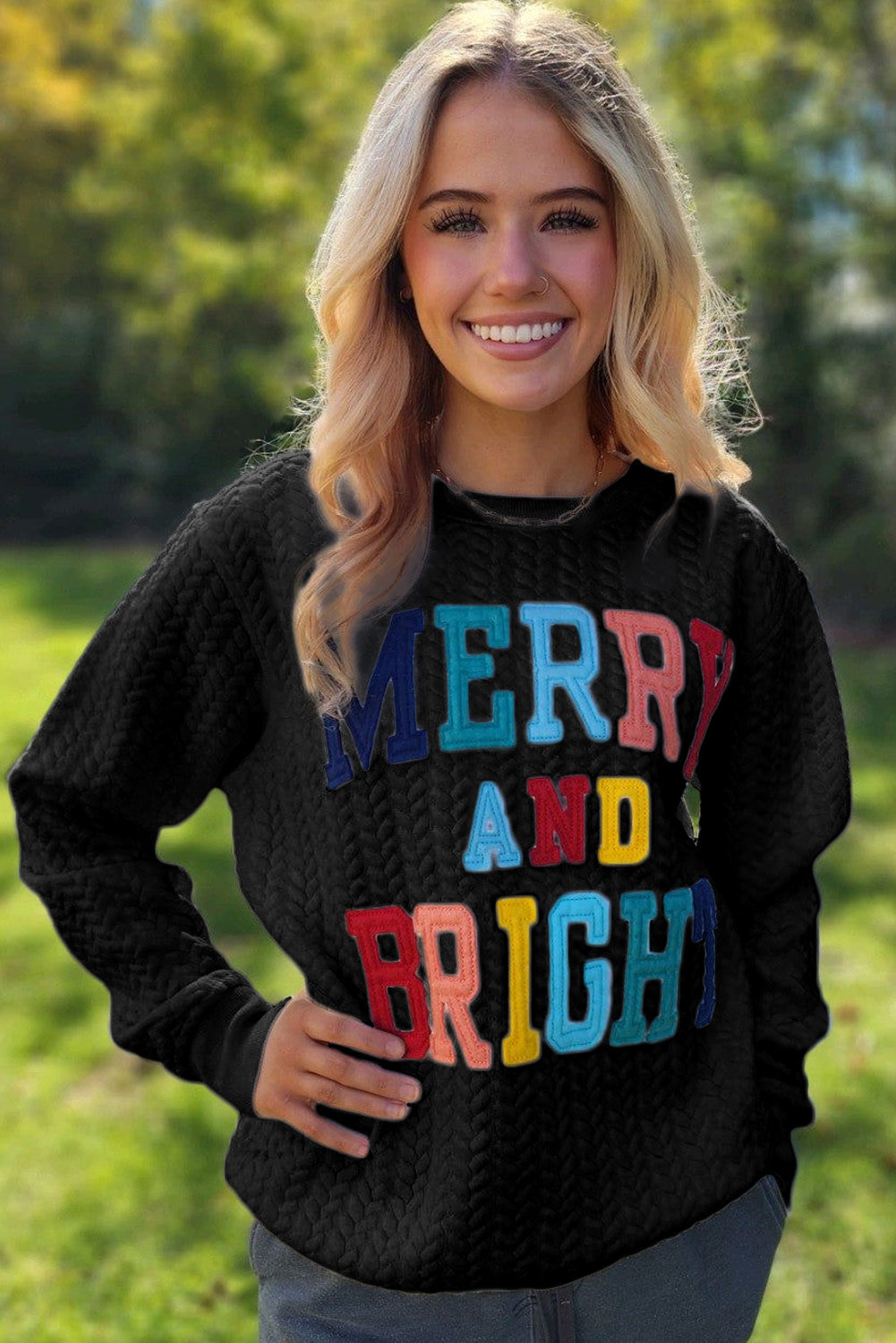 Black Merry And Bright Cable Knit Pullover Sweatshirt - Premium Tops from Momma Done Gone Crafty- Just $45.99! Shop now at Momma Done Gone Crafty