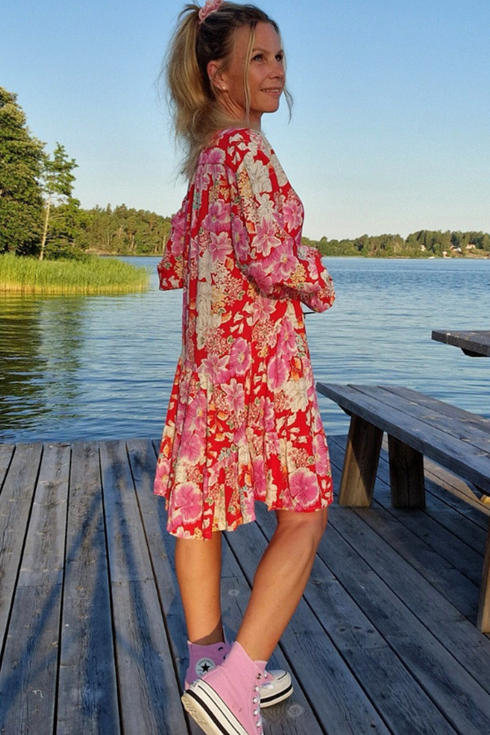Red Floral Print High Waist V Neck Babydoll Mini Dress - Premium Dresses/Mini Dresses from Momma Done Gone Crafty- Just $38.99! Shop now at Momma Done Gone Crafty