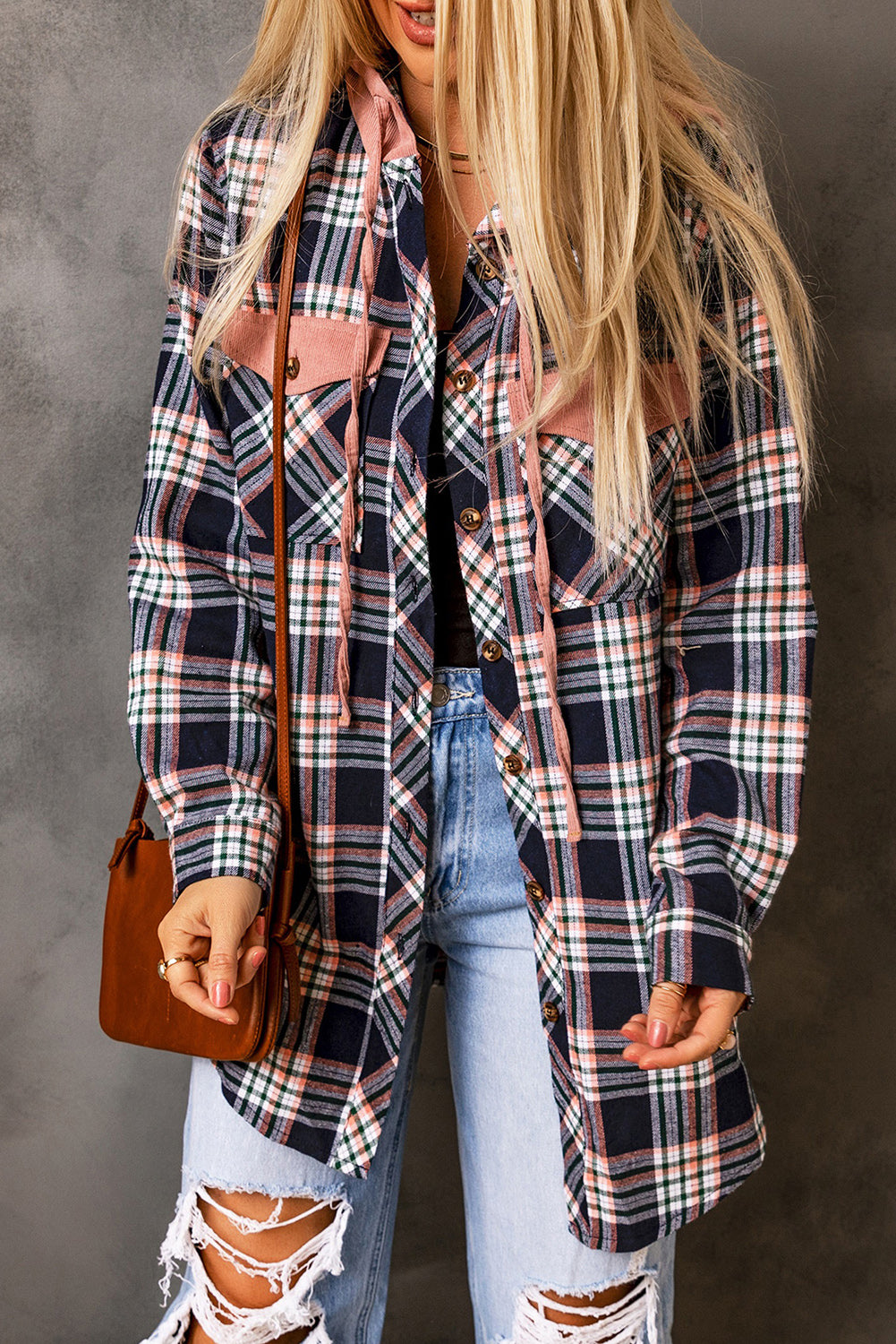 Pink Contrast Hooded Drawstring Plaid Shacket - Premium Outerwear from Momma Done Gone Crafty- Just $46.23! Shop now at Momma Done Gone Crafty