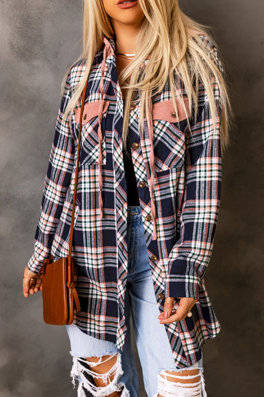 Pink Contrast Hooded Drawstring Plaid Shacket - Premium Outerwear from Momma Done Gone Crafty- Just $46.23! Shop now at Momma Done Gone Crafty