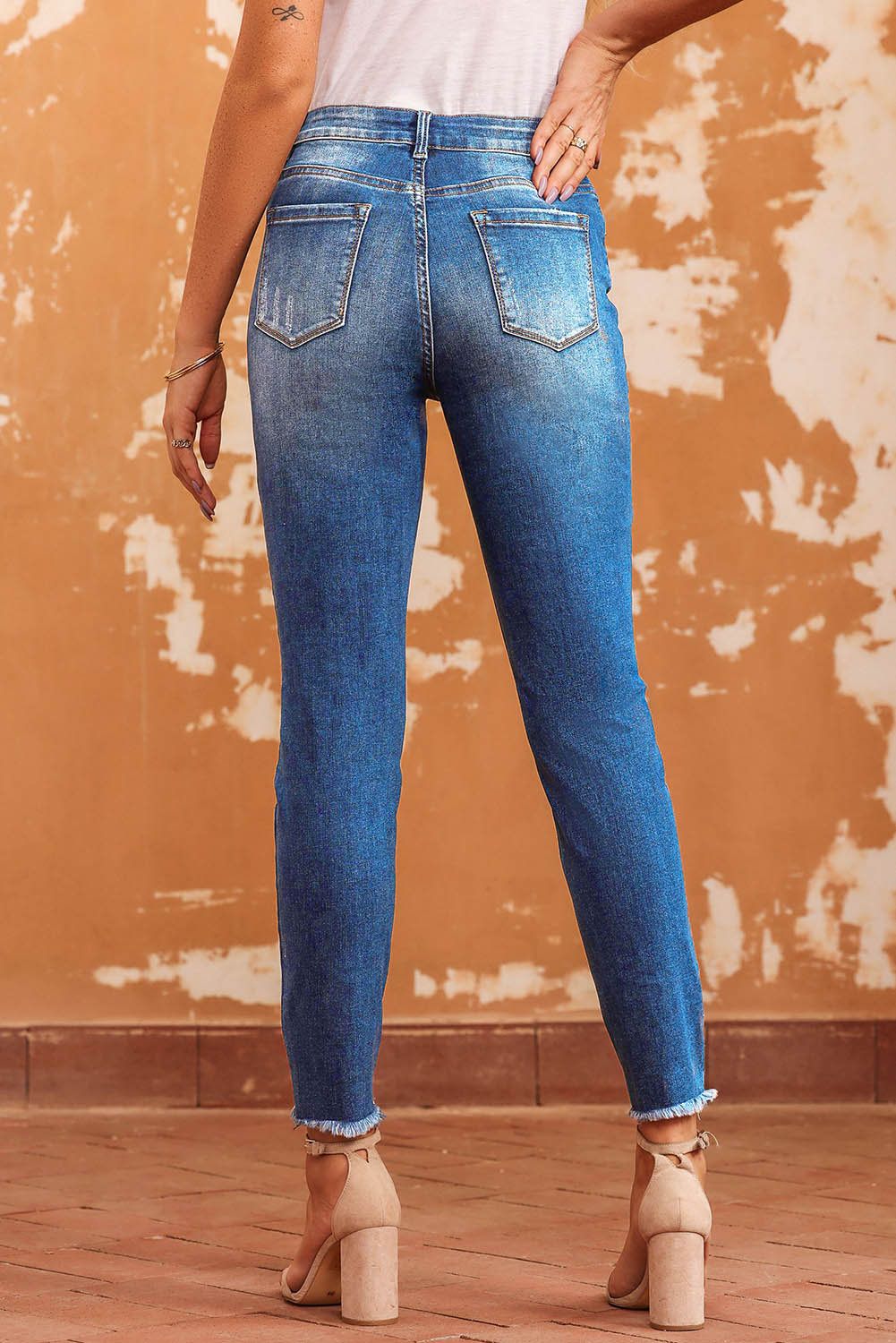 Blue Raw Hem Ankle-length Skinny Jeans - Premium Bottoms from Momma Done Gone Crafty- Just $60.99! Shop now at Momma Done Gone Crafty